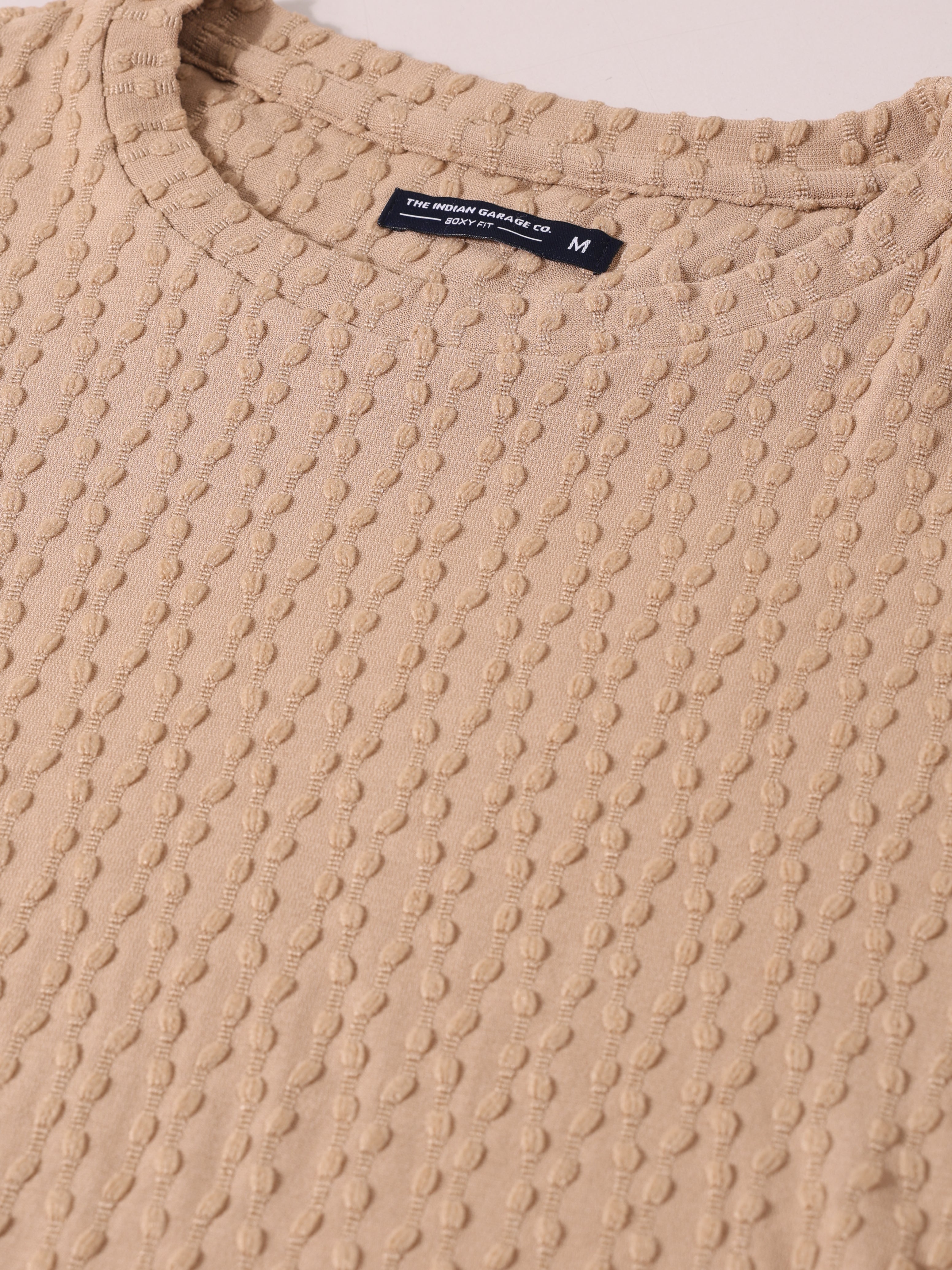 Men's Beige Boxy Fit Textured Resort Wear T-Shirt