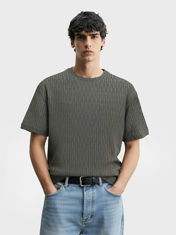 Men's Green Boxy Fit Textured Resort Wear T-Shirt
