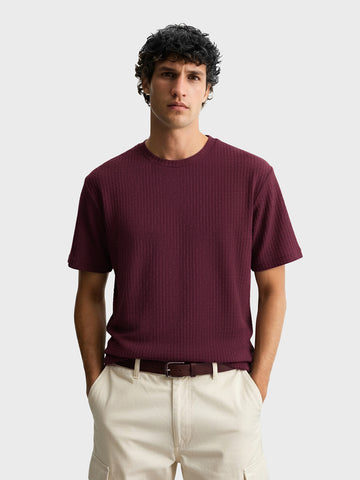 Men's Maroon Boxy Fit Textured Resort Wear T-Shirt