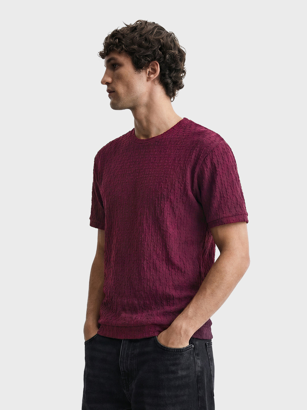 Men's Maroon Boxy Fit Textured Resort Wear T-Shirt