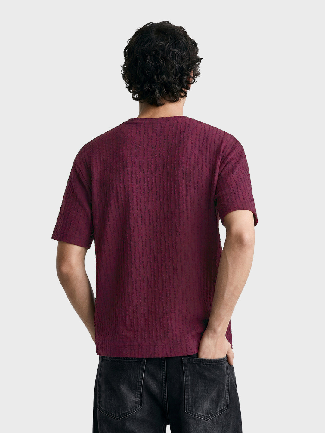 Men's Maroon Boxy Fit Textured Resort Wear T-Shirt