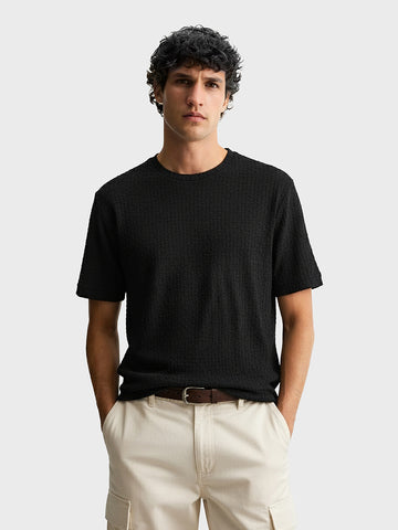 Men's Black Boxy Fit Textured Resort Wear T-Shirt