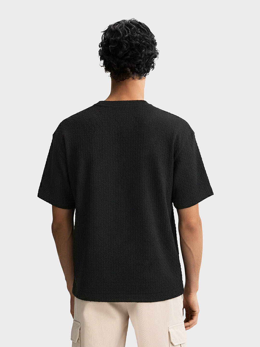 Men's Black Boxy Fit Textured Resort Wear T-Shirt