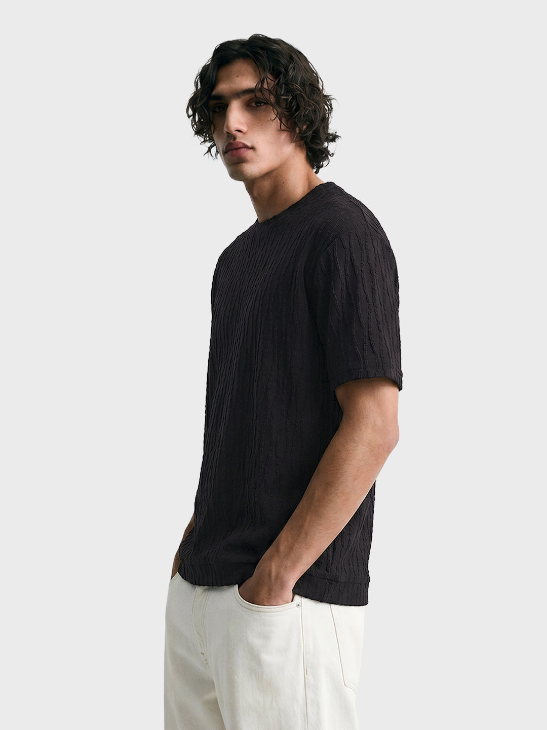 Men's Black Boxy Fit Textured Resort Wear T-Shirt