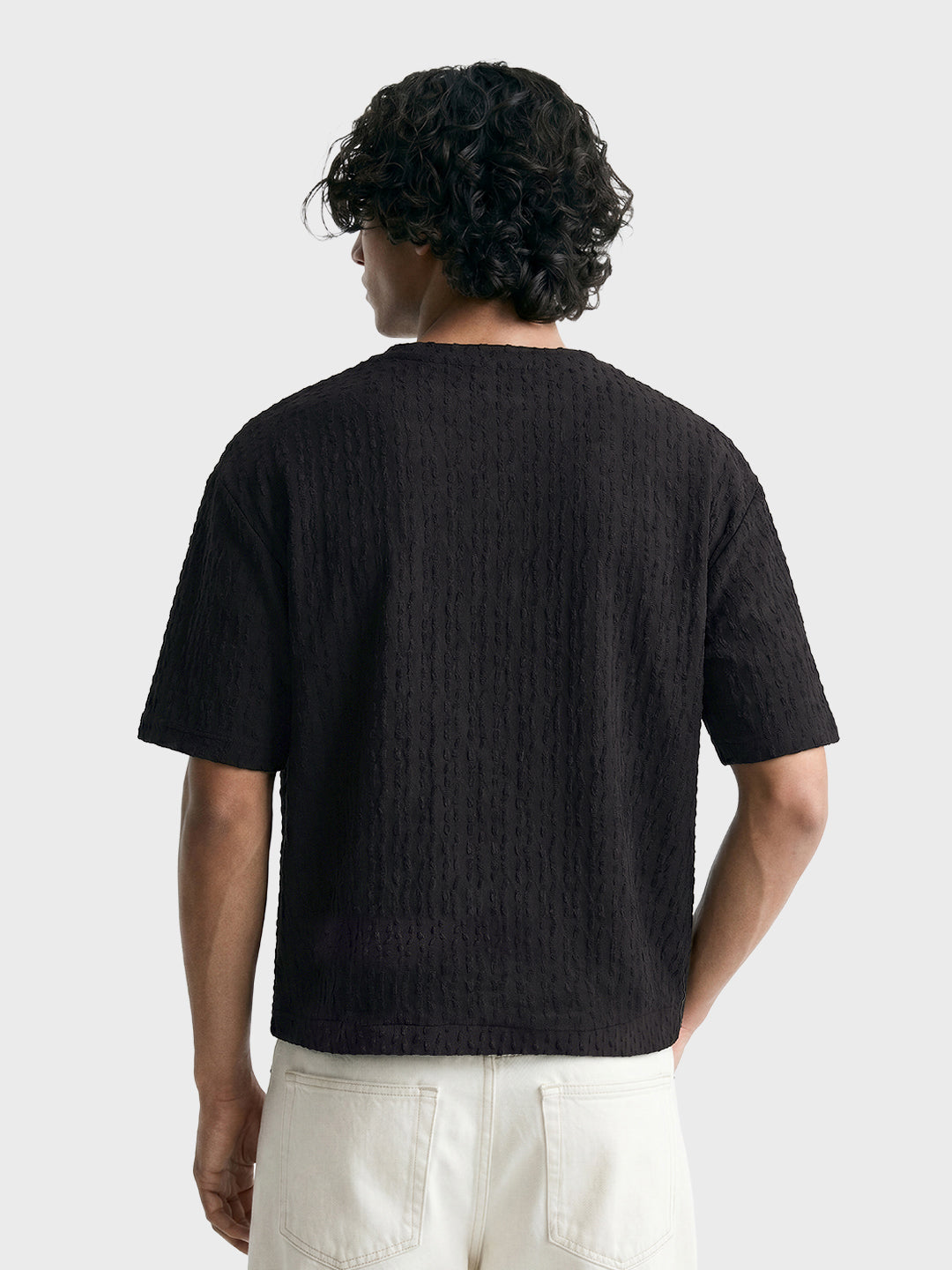 Men's Black Boxy Fit Textured Resort Wear T-Shirt