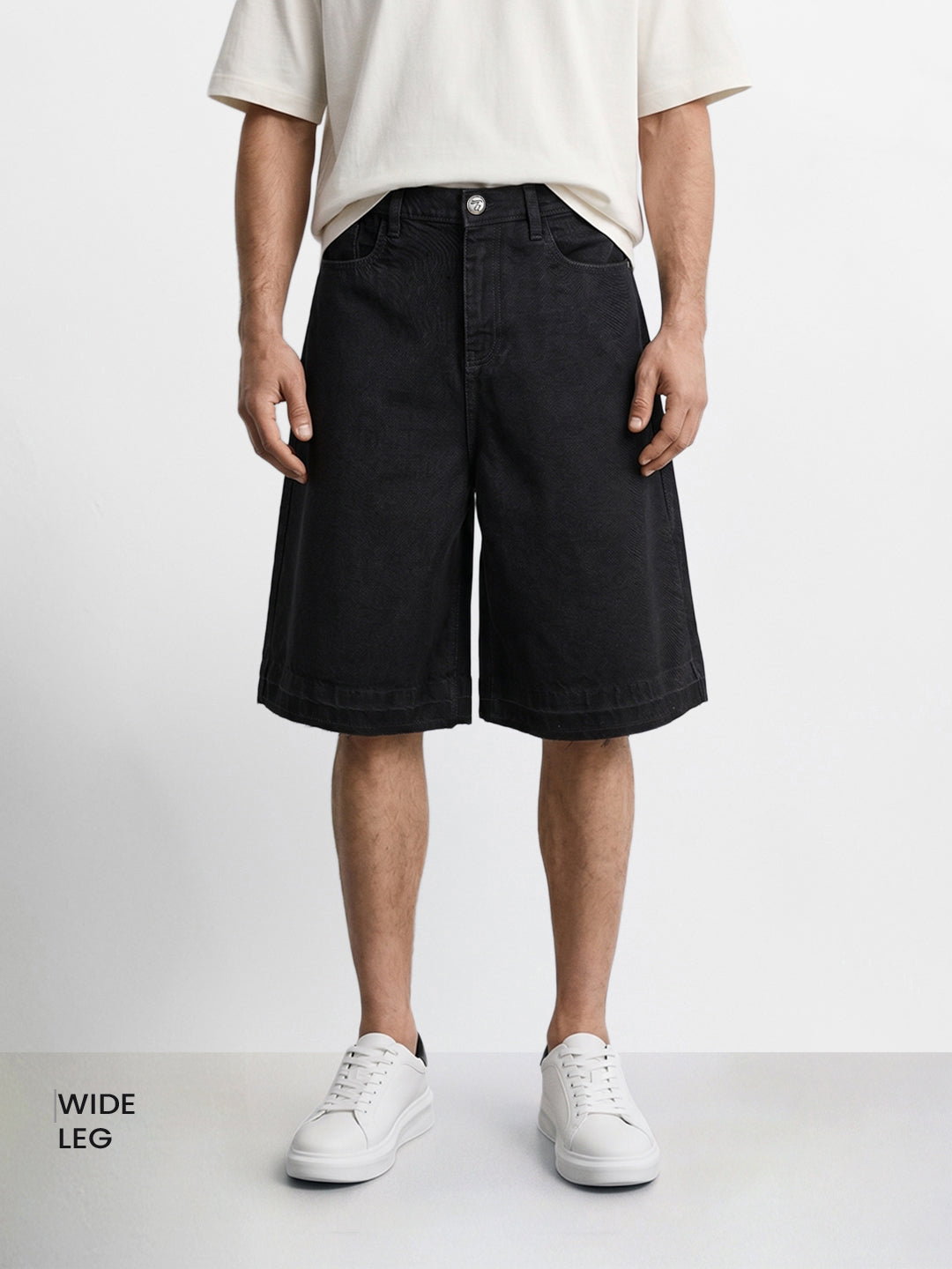 Men's Black Wide Leg Fit Solid Retro Wear Shorts