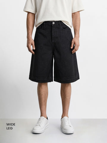 Men's Black Wide Leg Fit Solid Retro Wear Shorts