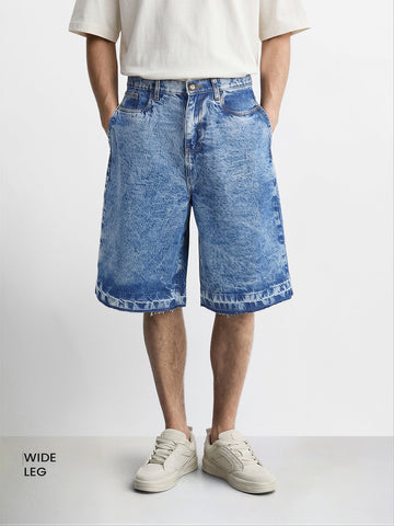 Men's Blue Wide Leg Fit Solid Retro Wear Shorts