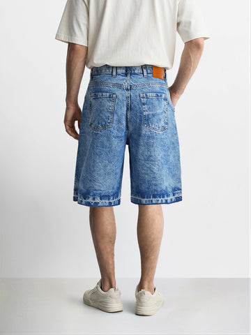 Men's Blue Wide Leg Fit Solid Retro Wear Shorts