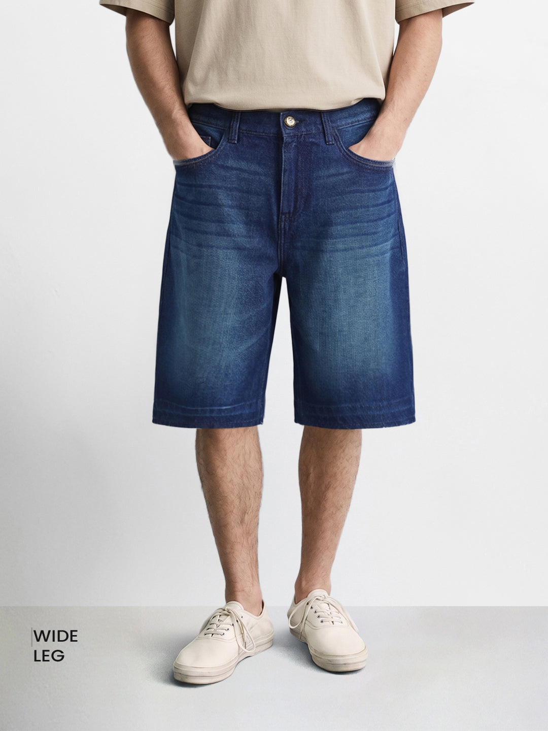 Men's Blue Wide Leg Fit Solid Retro Wear Shorts