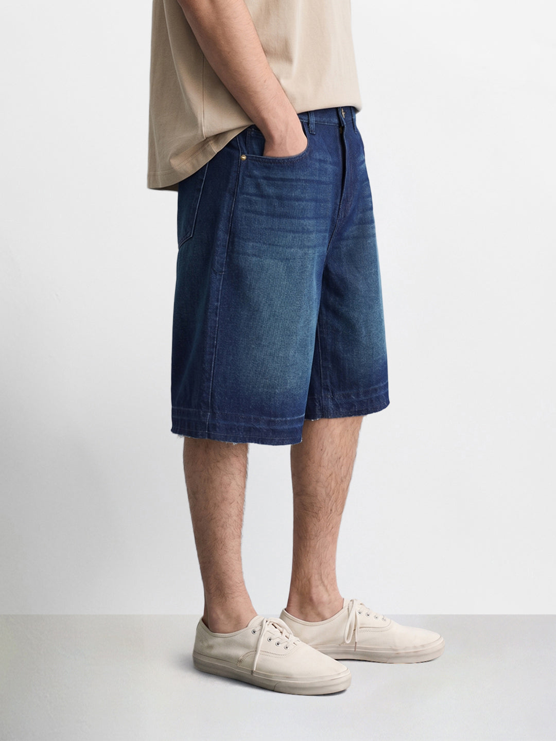 Men's Blue Wide Leg Fit Solid Retro Wear Shorts