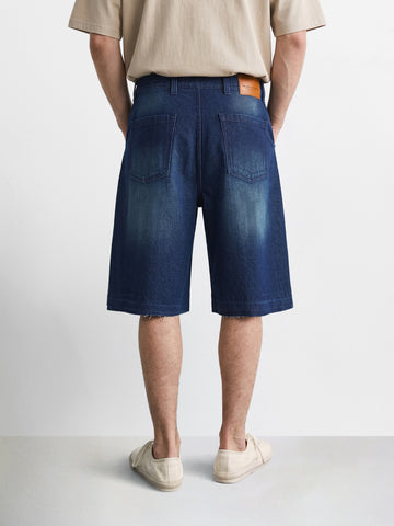 Men's Blue Wide Leg Fit Solid Retro Wear Shorts