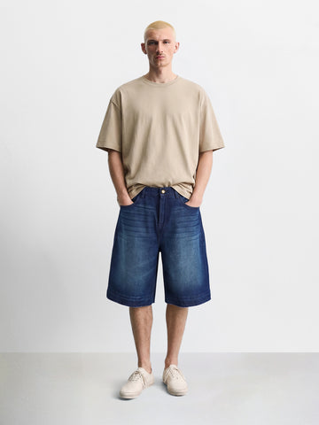 Men's Blue Wide Leg Fit Solid Retro Wear Shorts