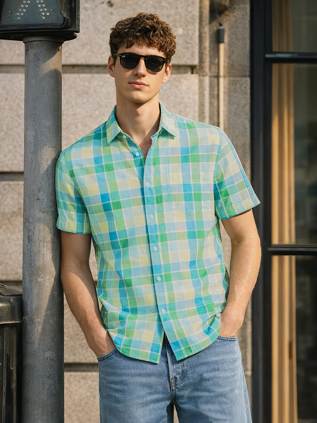 Men's Green Slim Fit Checked Casual Shirt