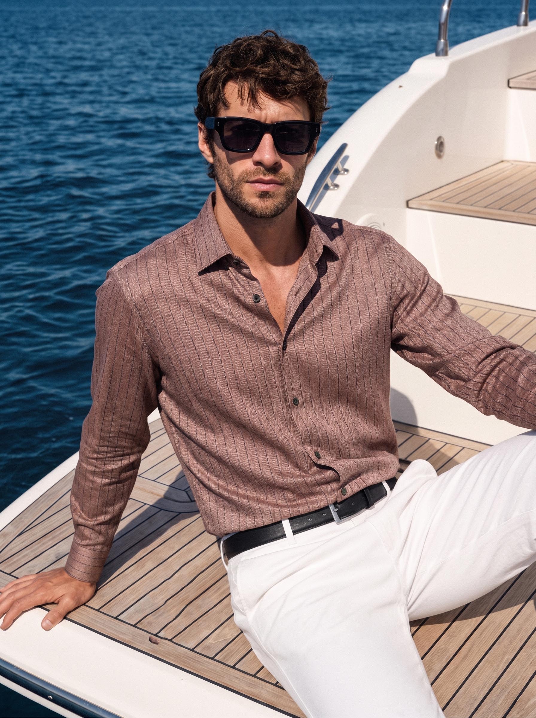 Men's Brown Slim Fit Striped Party Wear Shirt