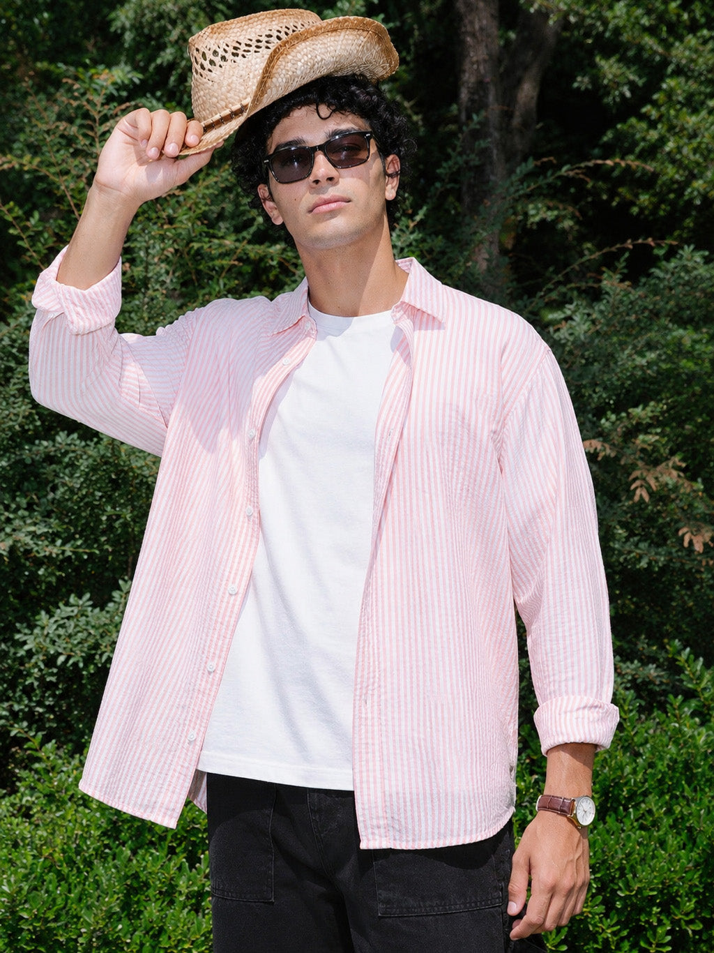 Men's Pink Relaxed Fit Striped Casual Shirt