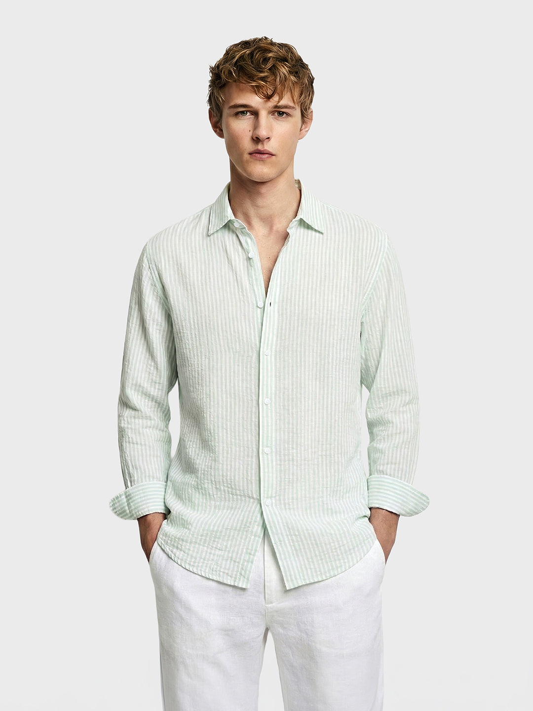 Men's Mint Blue Relaxed Fit Striped Casual Shirt