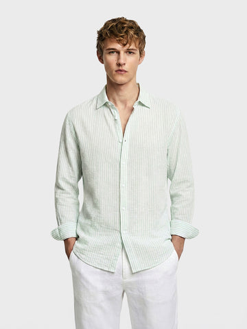 Men's Mint Blue Relaxed Fit Striped Casual Shirt