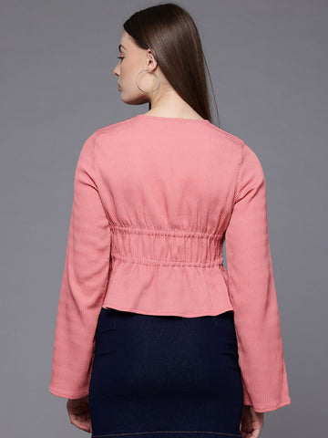 Freehand Peach The Indian Garage Co Women Regular Fit Textured Cinched Waist Top