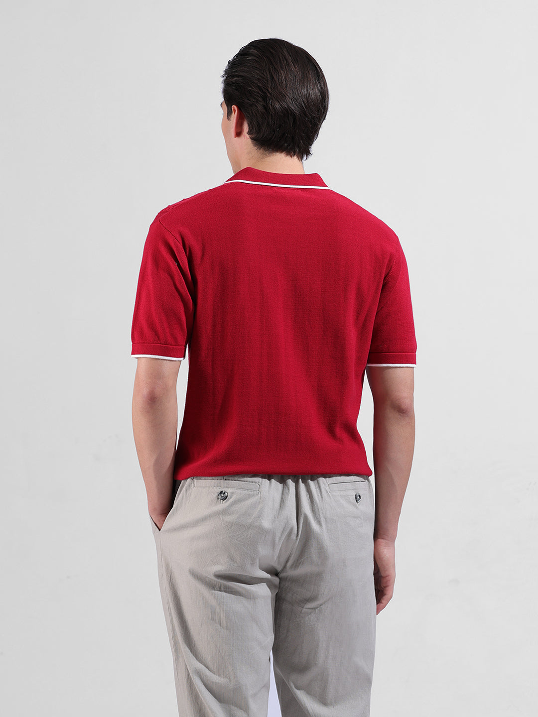 Men's Maroon Slim Fit Textured Flat Knit Polo Neck T-Shirt