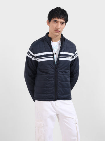 Men's Navy Blue Slim Fit Colourblocked Casual Winter Jacket