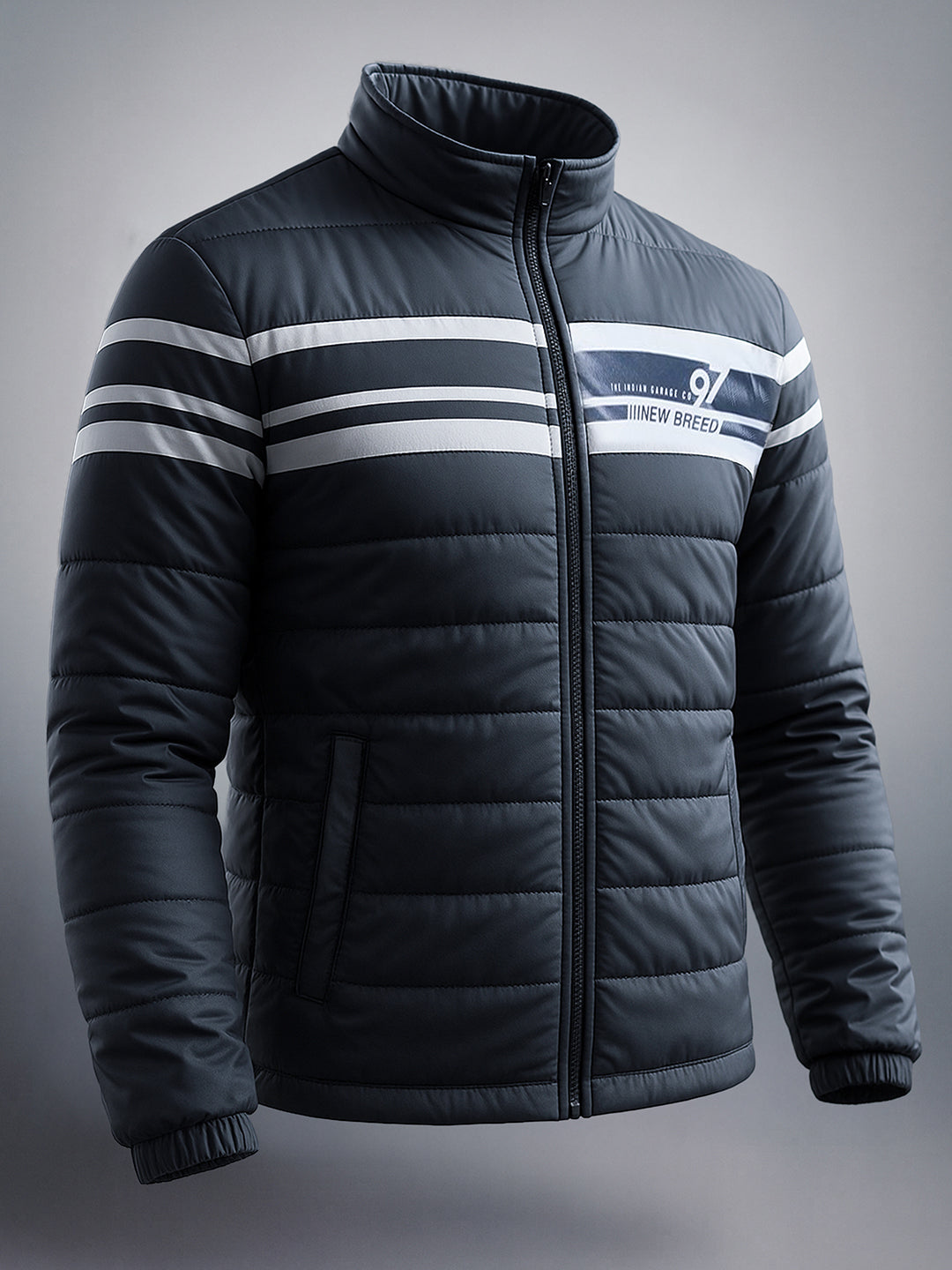 Men's Navy Blue Slim Fit Colourblocked Casual Winter Jacket