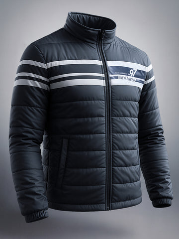Men's Navy Blue Slim Fit Colourblocked Casual Winter Jacket