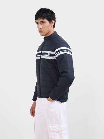 Men's Navy Blue Slim Fit Colourblocked Casual Winter Jacket
