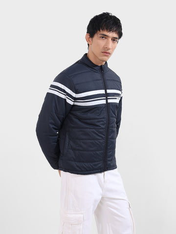 Men's Navy Blue Slim Fit Colourblocked Casual Winter Jacket