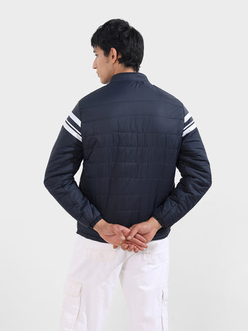 Men's Navy Blue Slim Fit Colourblocked Casual Winter Jacket