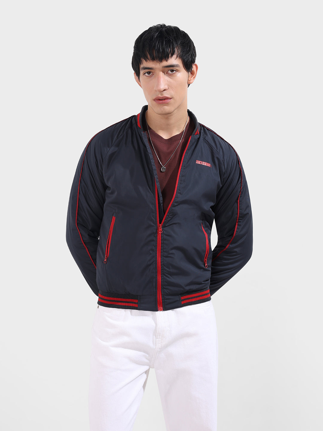 Men's Dark Navy Slim Fit Printed Casual Jackets