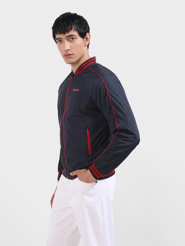 Men's Dark Navy Slim Fit Printed Casual Jackets