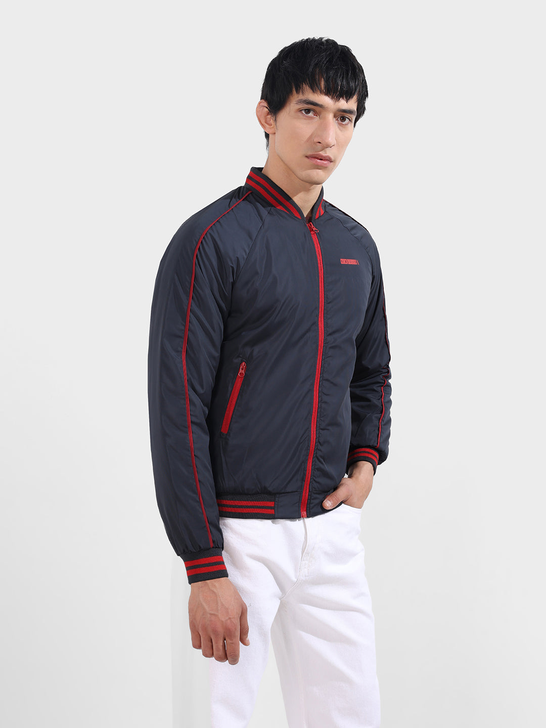 Men's Dark Navy Slim Fit Printed Casual Jackets