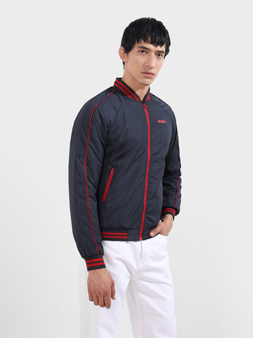 Men's Dark Navy Slim Fit Printed Casual Jackets