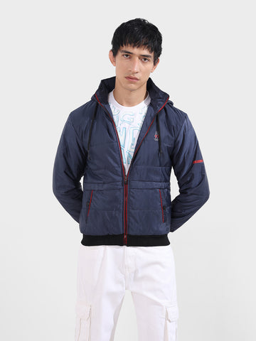 Men's Navy Blue Slim Fit Solid Casual Winter Jacket