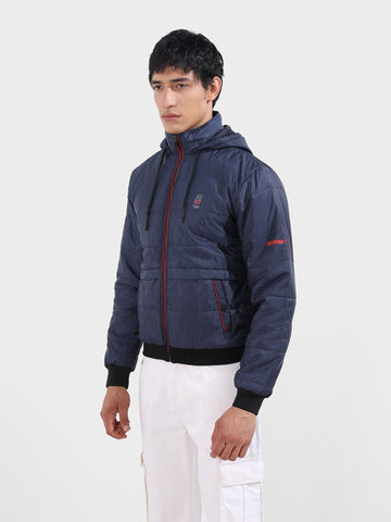 Men's Navy Blue Slim Fit Solid Casual Winter Jacket