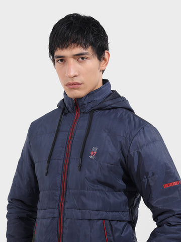 Men's Navy Blue Slim Fit Solid Casual Winter Jacket