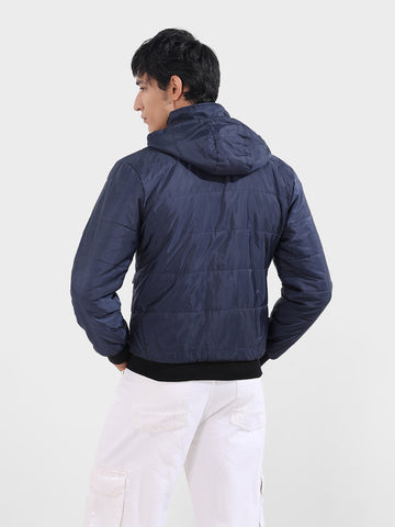 Men's Navy Blue Slim Fit Solid Casual Winter Jacket