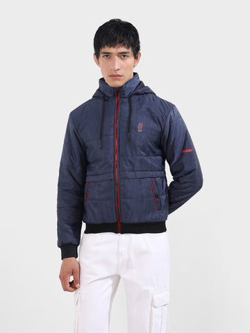 Men's Navy Blue Slim Fit Solid Casual Winter Jacket