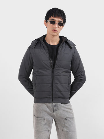 Men's Grey Slim Fit Solid Casual Winter Jacket