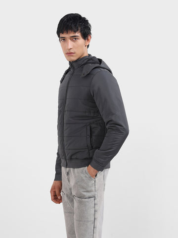 Men's Grey Slim Fit Solid Casual Winter Jacket