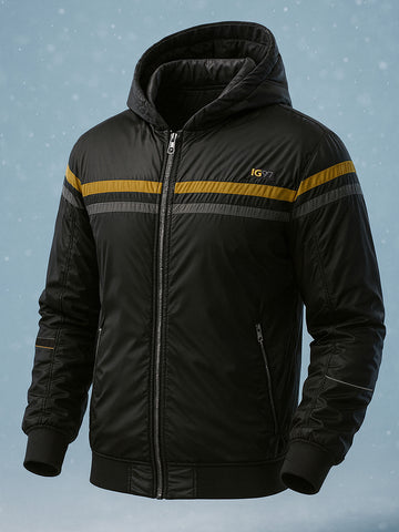 Men's Black Slim Fit Printed Casual Winter Jacket