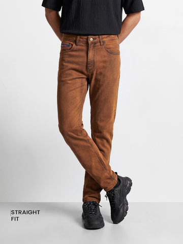 Men's Brown Slim Straight Fit Solid Street Jeans