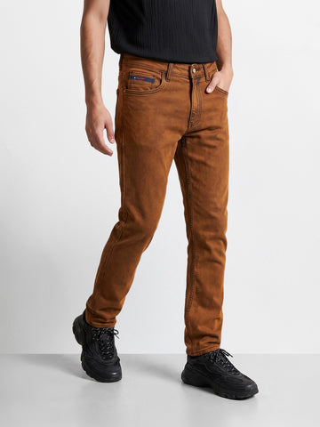 Men's Brown Slim Straight Fit Solid Street Jeans