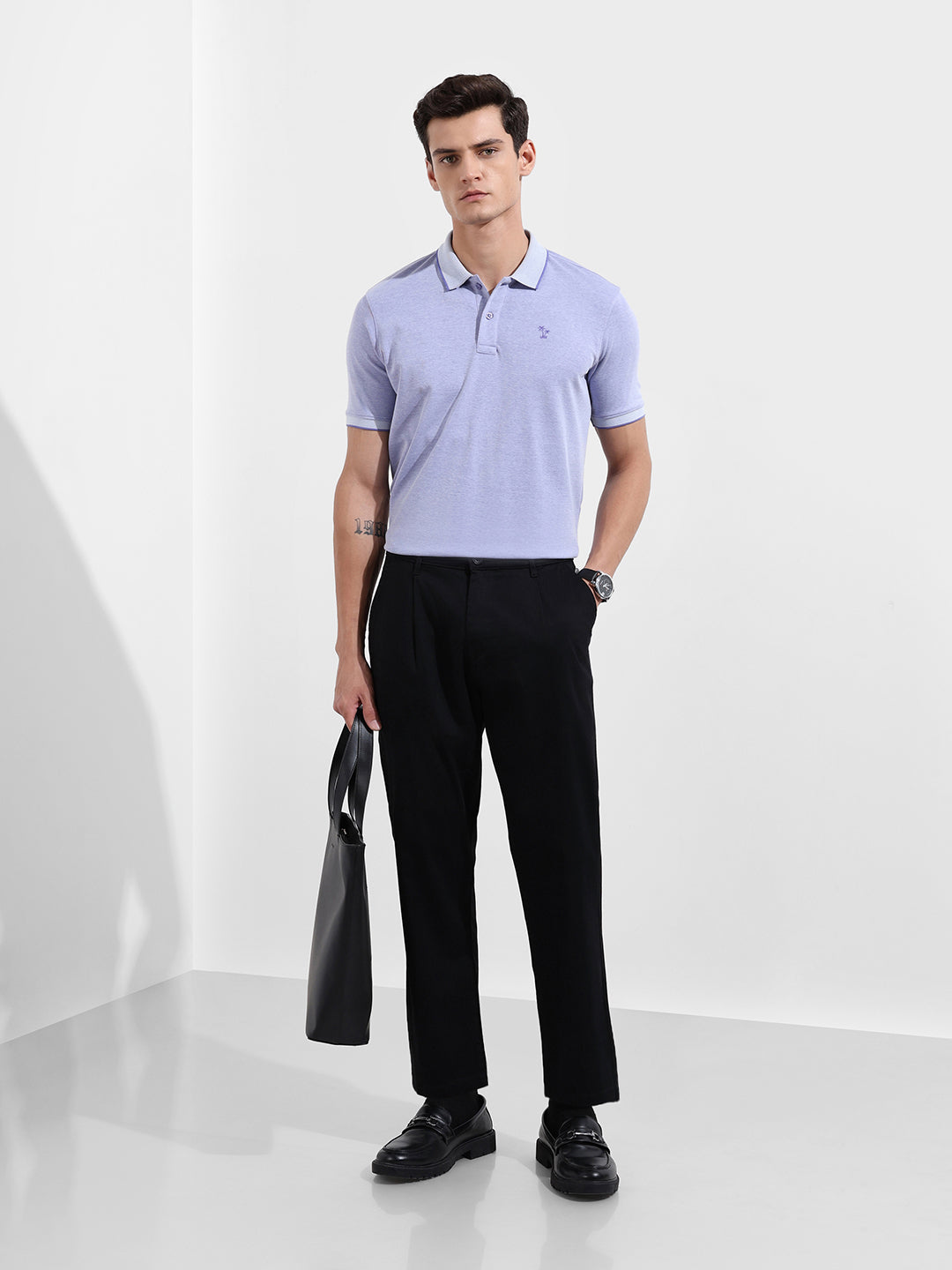 Men's Blue Regular Fit Textured Casual T-Shirt