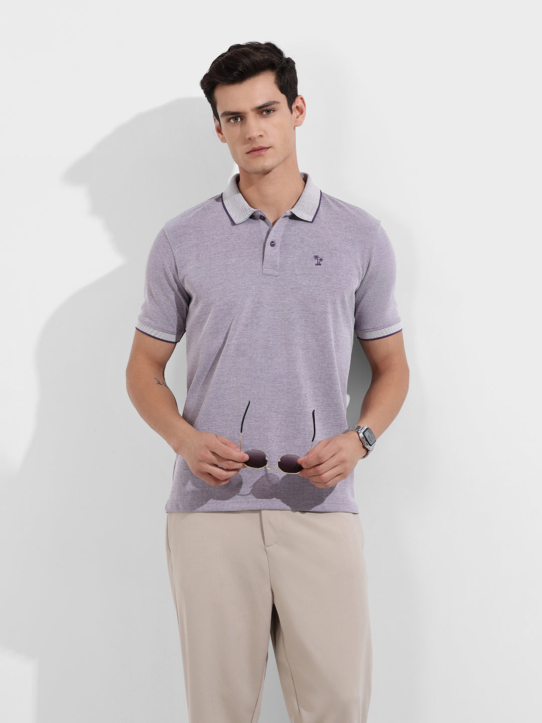 Men's Purple Regular Fit Textured Casual T-Shirt