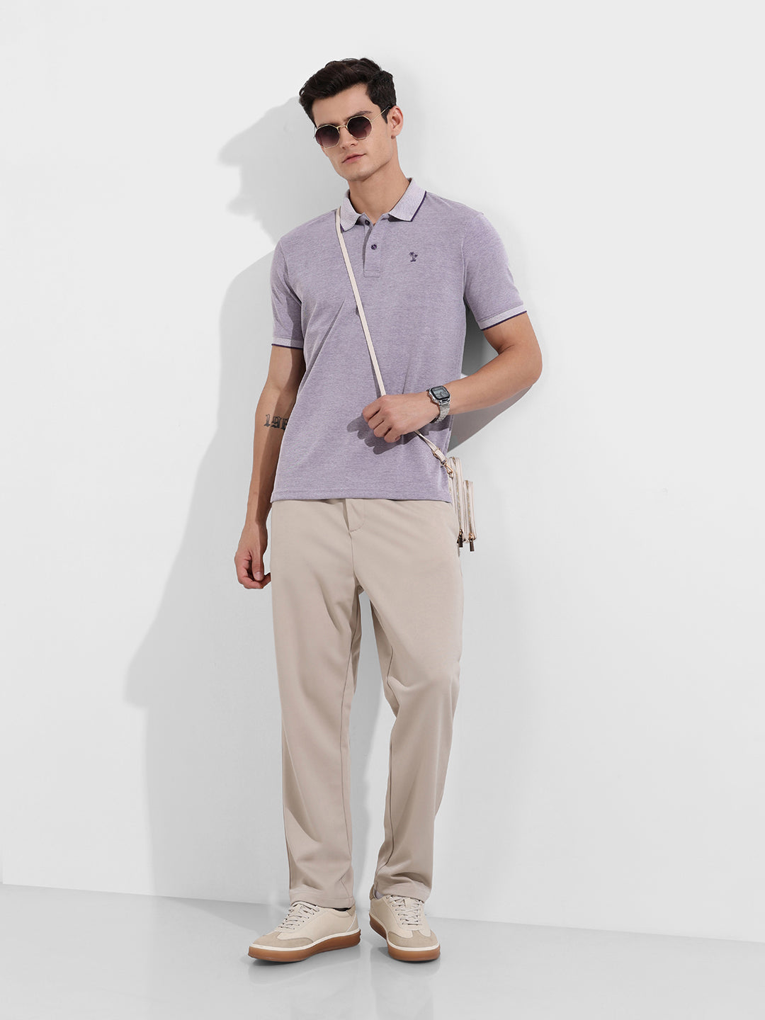 Men's Purple Regular Fit Textured Casual T-Shirt