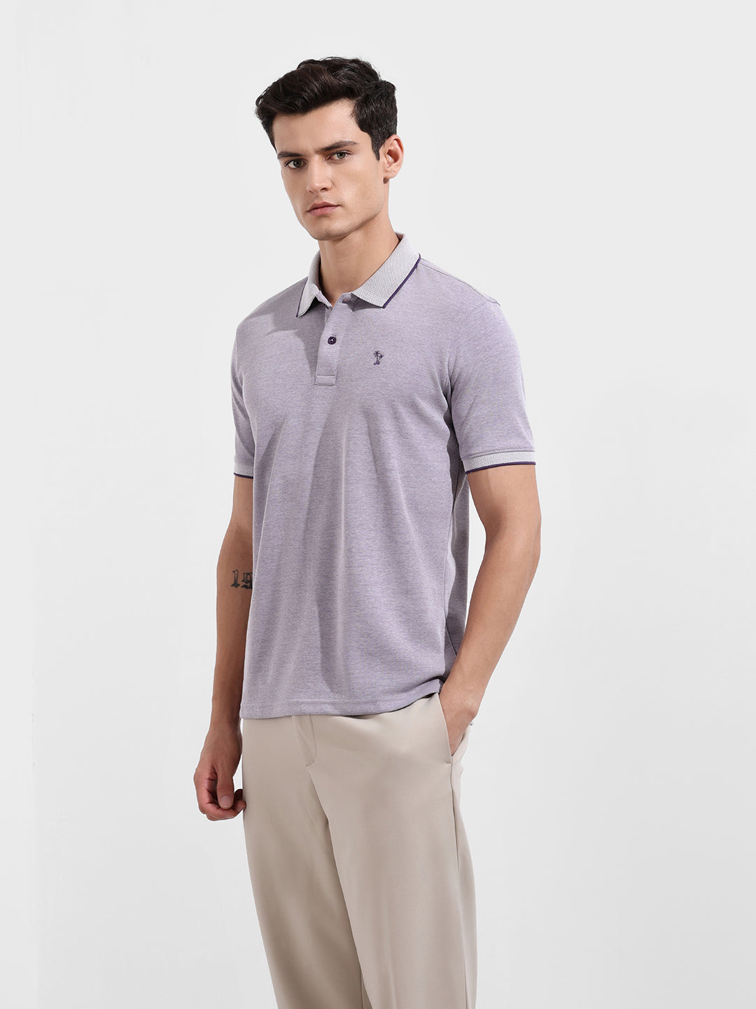 Men's Purple Regular Fit Textured Casual T-Shirt