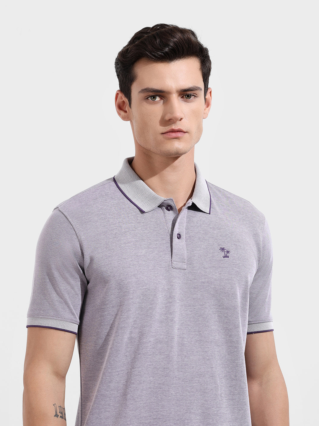 Men's Purple Regular Fit Textured Casual T-Shirt