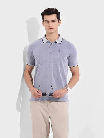 Men's Blue Regular Fit Textured Casual T-Shirt
